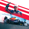 Toile F1 Max Verstappen Le Drift de Monza design avec le pilote Red Bull levant le poing et la monoplace en pleine action